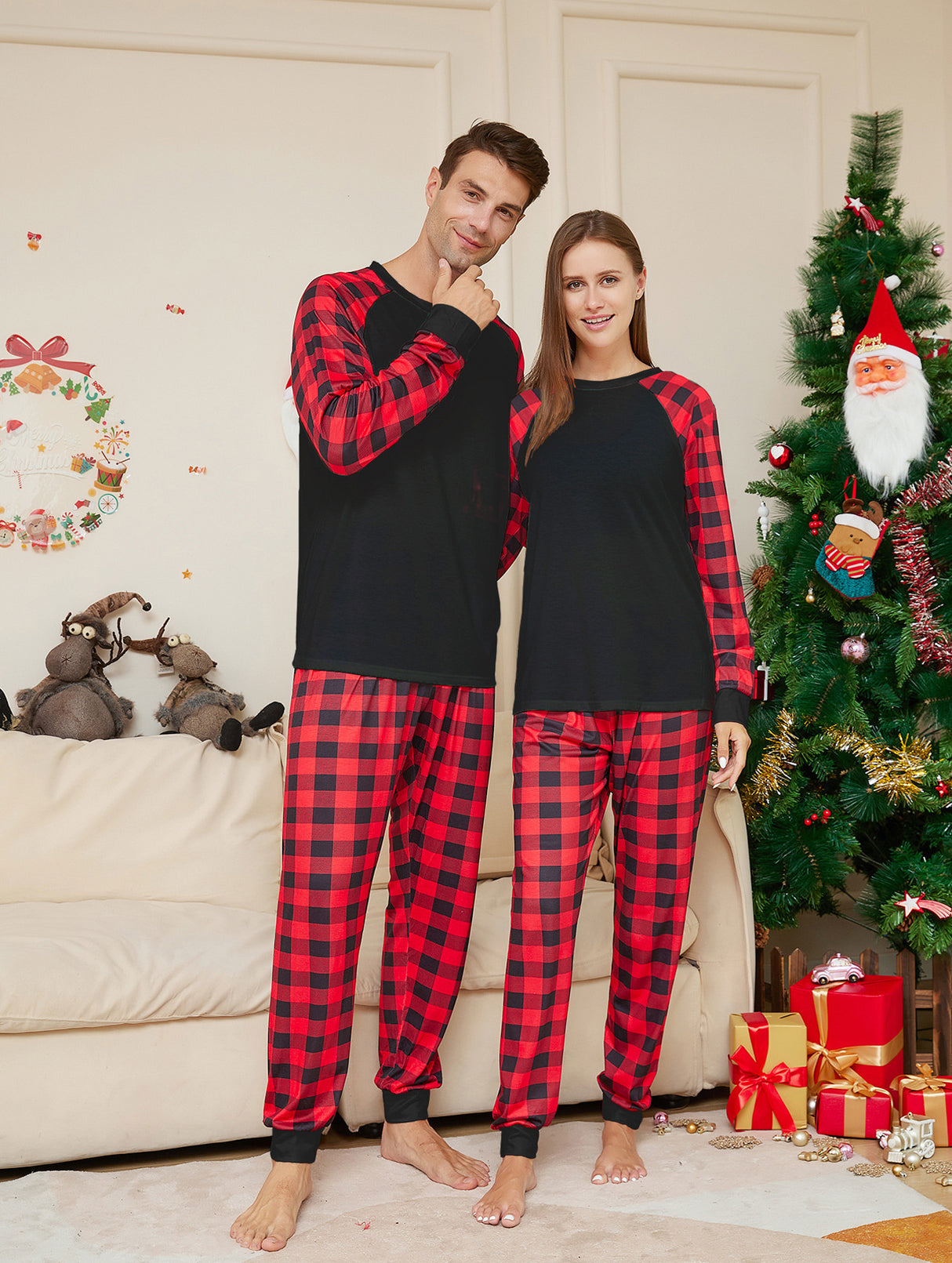 Conjunto de pijama estampado a cuadros de color sólido navideño a la moda para mujer