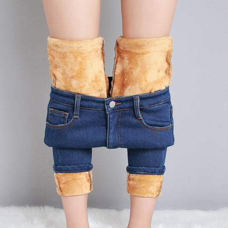 High Waist Velvet Thickening Denim Female Stretch Feet Pants