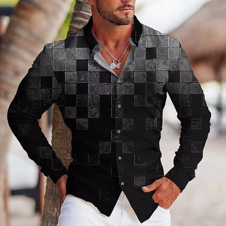 Camisa de solapa de manga larga con estampado colorido para hombre