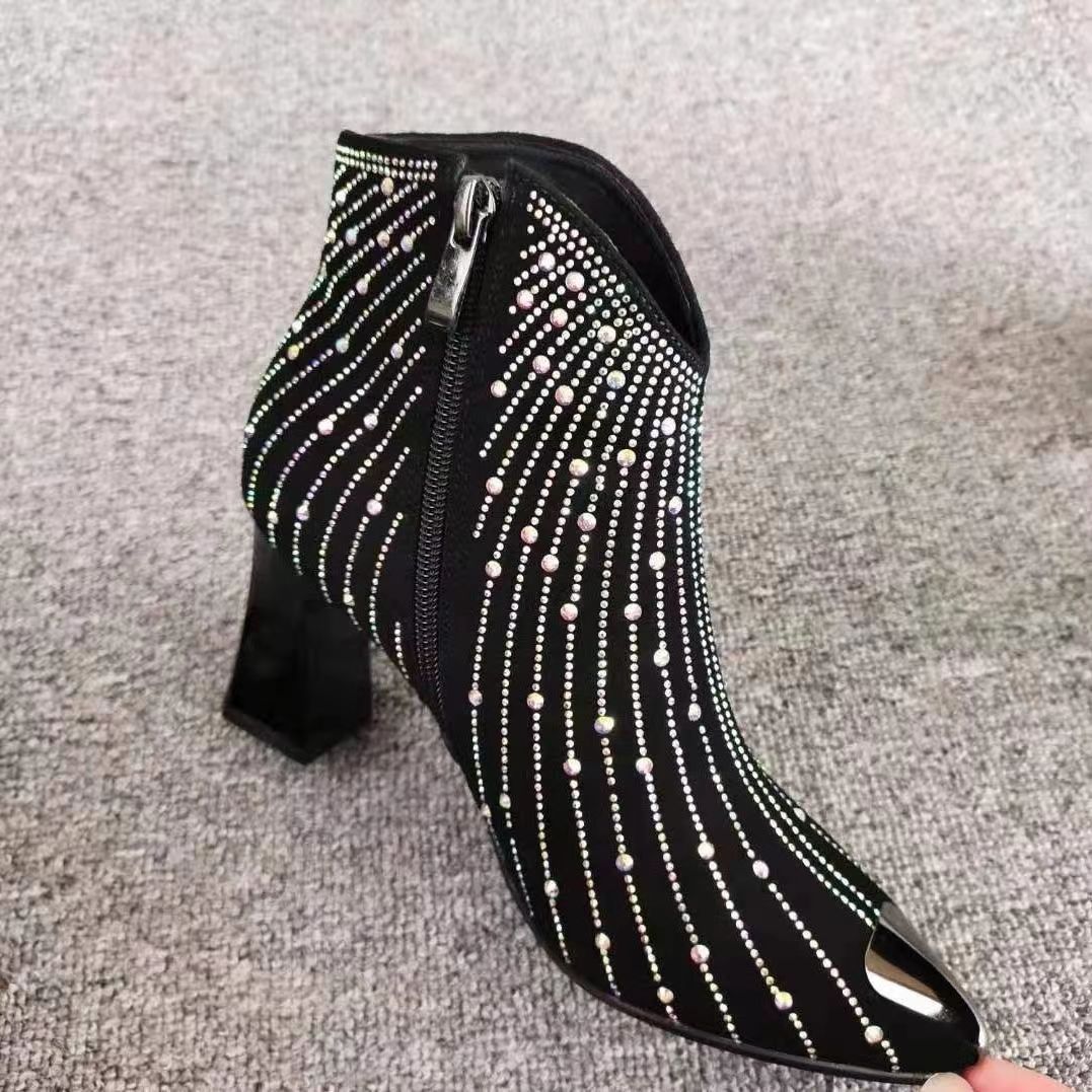 New Pointed Toe Anti-collision High Heel Starry Rhinestone Booties Women