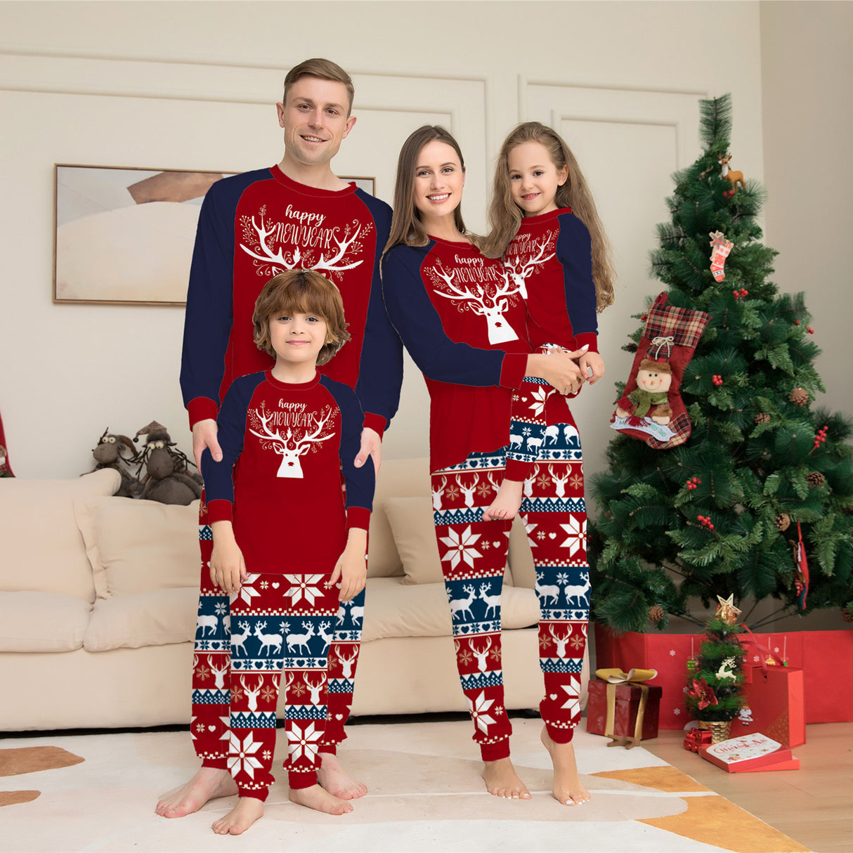 Traje de pijama de ropa de hogar para padres e hijos de Navidad de alce a juego de colores