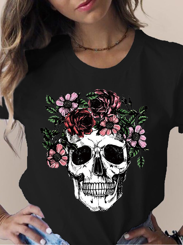 Camiseta de manga corta con cuello redondo y estampado de flores y calaveras para mujer