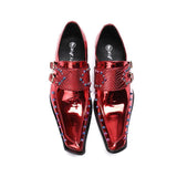 Korean Business Suit Leather Shoes Men's Pointed Patent Leather Embossed Wine Red