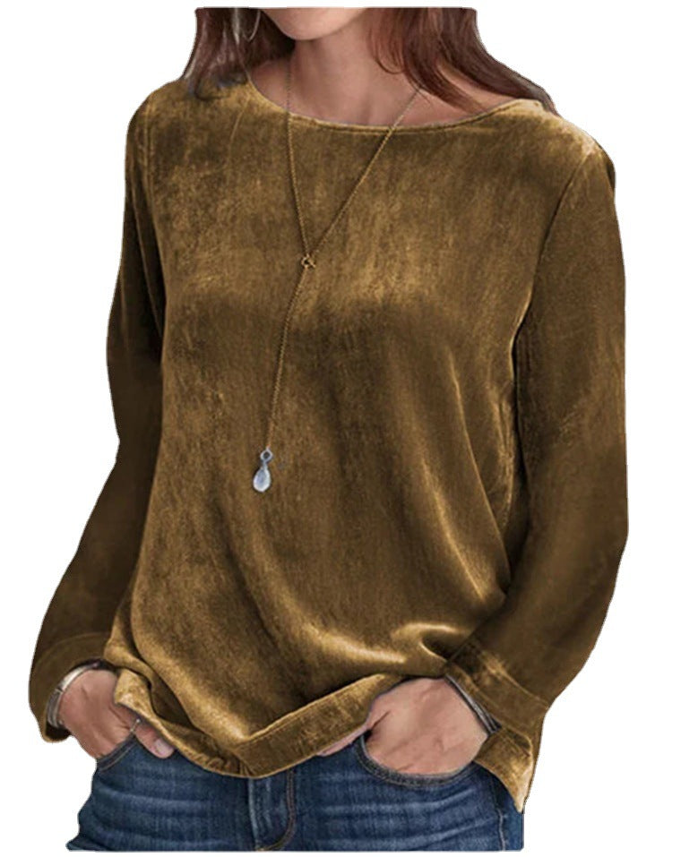 Solid Color Velvet Round Neck Pullover Long Sleeve Sweater