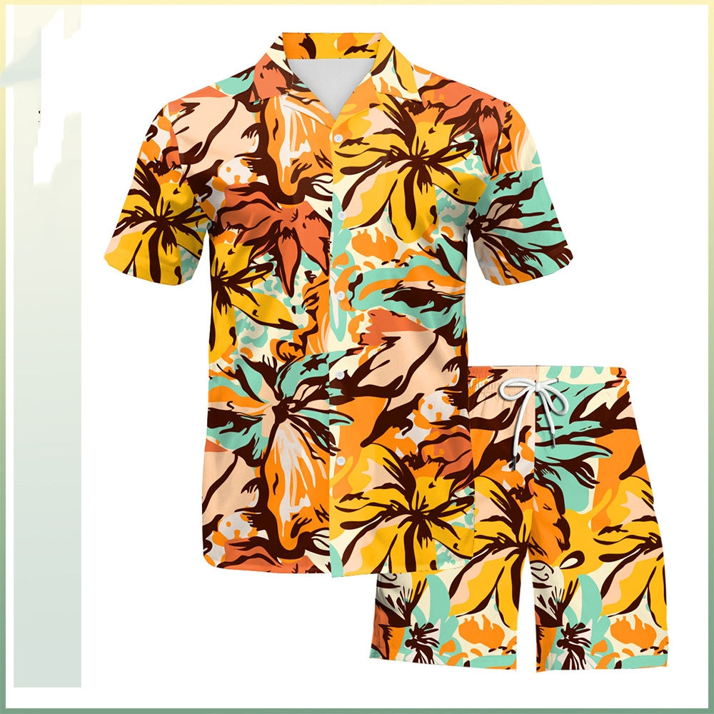 Men's Digital Printing Seaside Vacation Beach Pants Shirt Two-piece Set