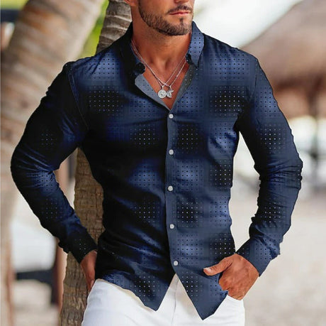 Camisa de solapa de manga larga con estampado colorido para hombre