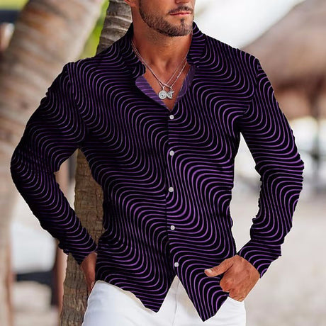 Camisa de solapa de manga larga con estampado colorido para hombre