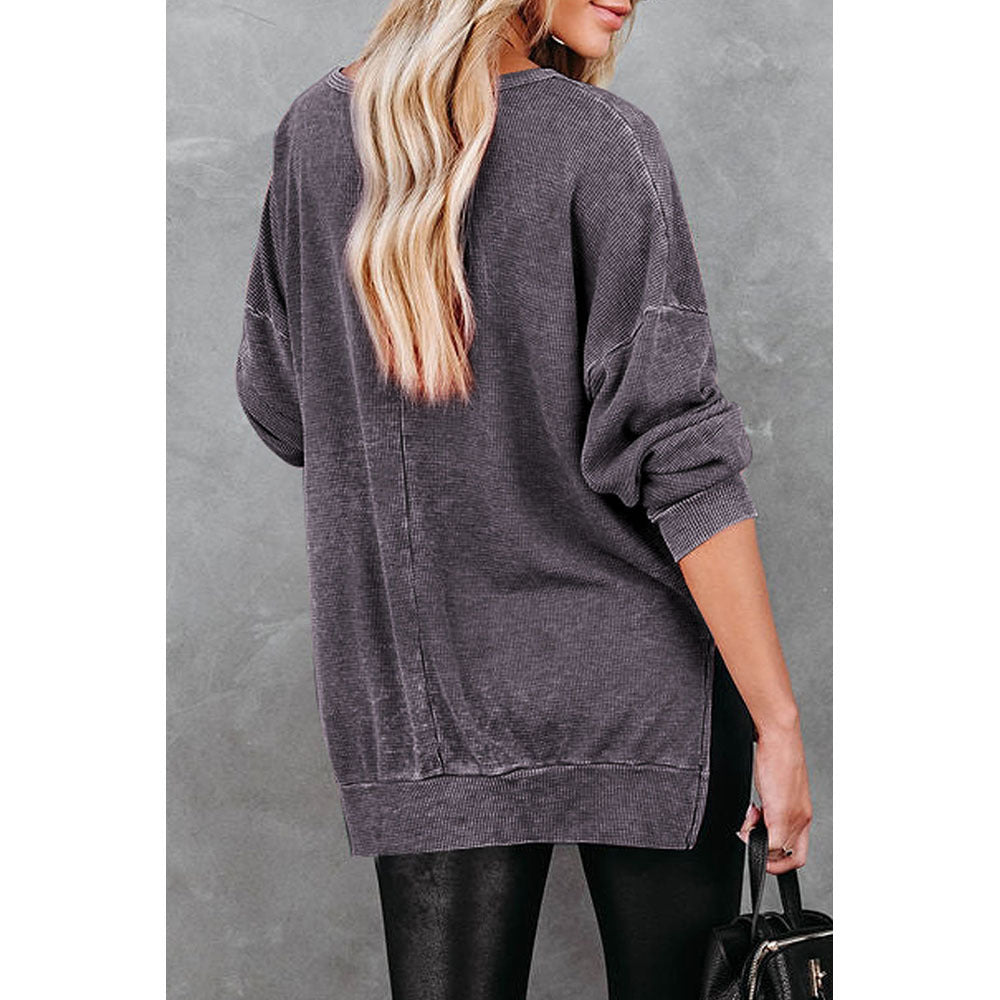 Knitted Side Slit Pullover Women Loose All-matching Long Sleeve Top