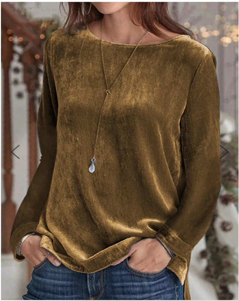 Solid Color Velvet Round Neck Pullover Long Sleeve Sweater