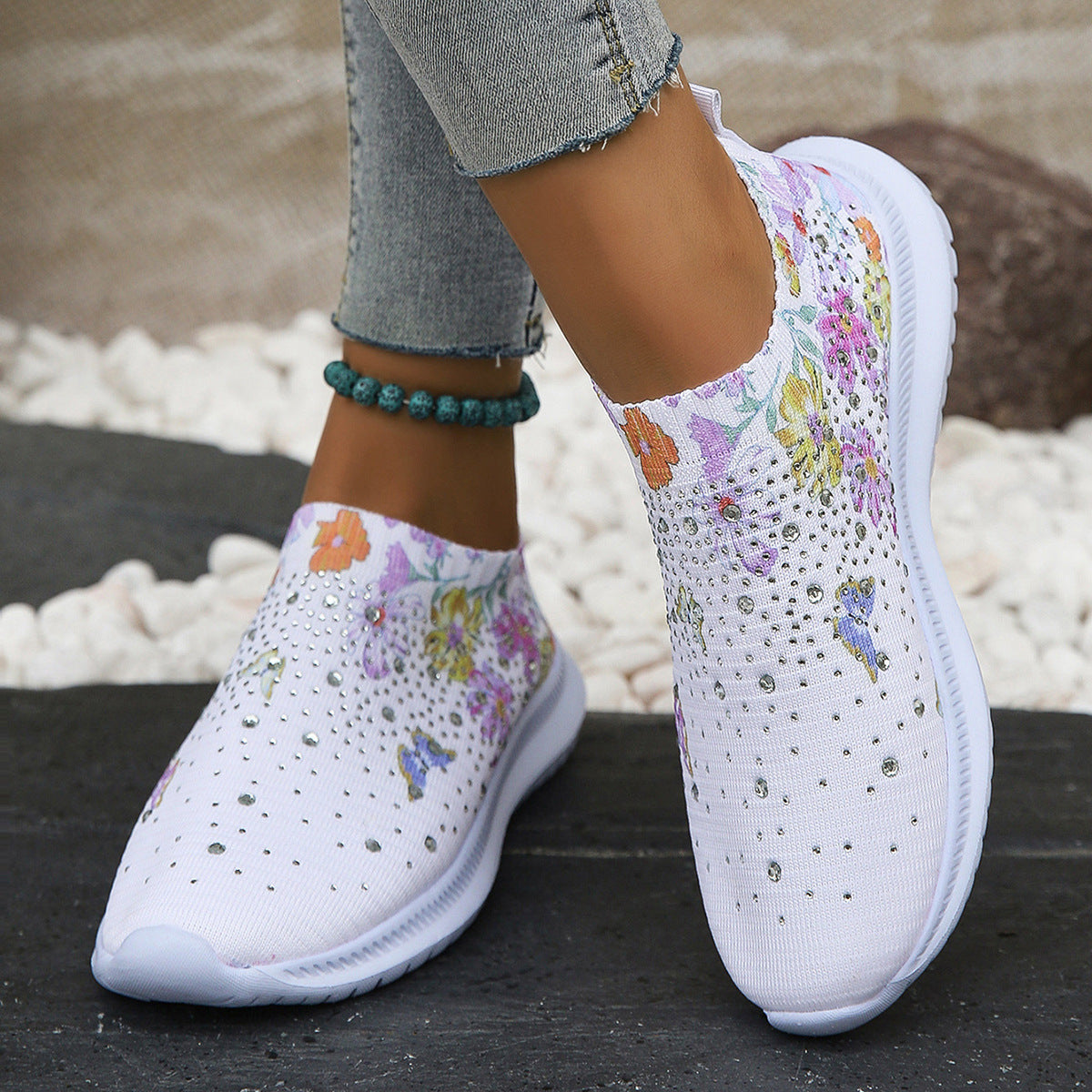 Large Size Printed Rhinestone Low Top Women's Breathable Flyknit Mesh Shoes