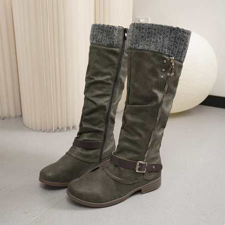 Plus Size Long Tube Women's Boots Chunky Heel Side Zip Wool Stitching