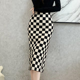 Chessboard Plaid Knitted Skirt Women's Autumn And Winter Korean Style