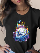 Camiseta de manga corta con cuello redondo y estampado de flores y calaveras para mujer