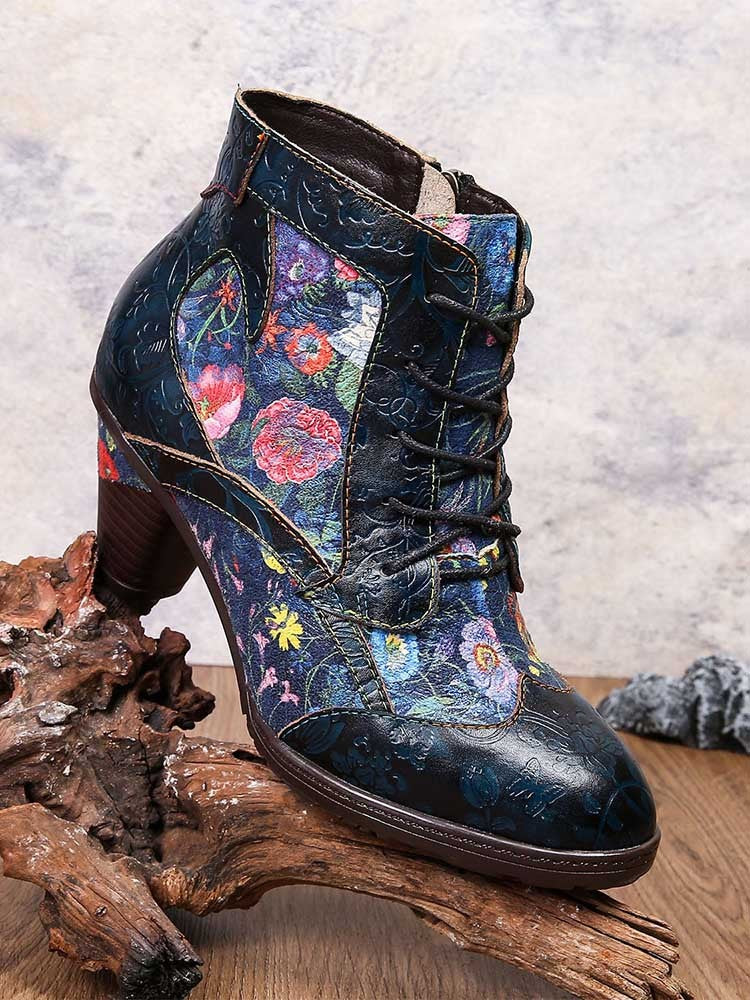 Cowhide Ethnic Side Zipper Retro High Heel Boots