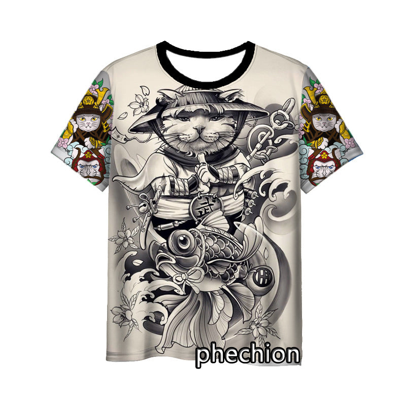 Japanese Samurai Cat 3D Digital Printing Men's Round Neck Short Sleeve