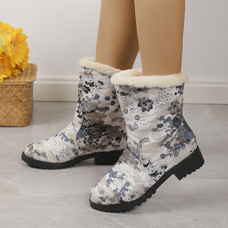 Fashion Flowers Print Ankle Boots With Plush Winter Warm Platform Shoes Women Lightweight Plus Velvet Ankle Boots