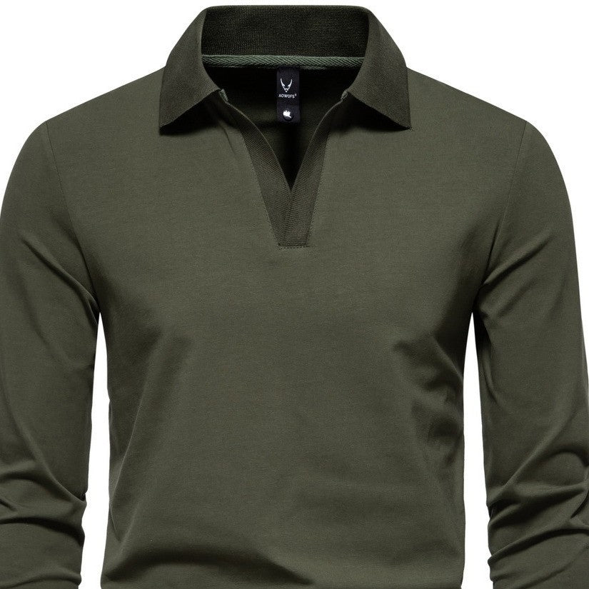 Retro Lapels Solid Color T-shirt Men's Fashion Long Sleeve Polo Shirt Bottoming Casual Top