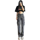 Retro Washed Gray Large Workwear With Pocket Jeans For Women