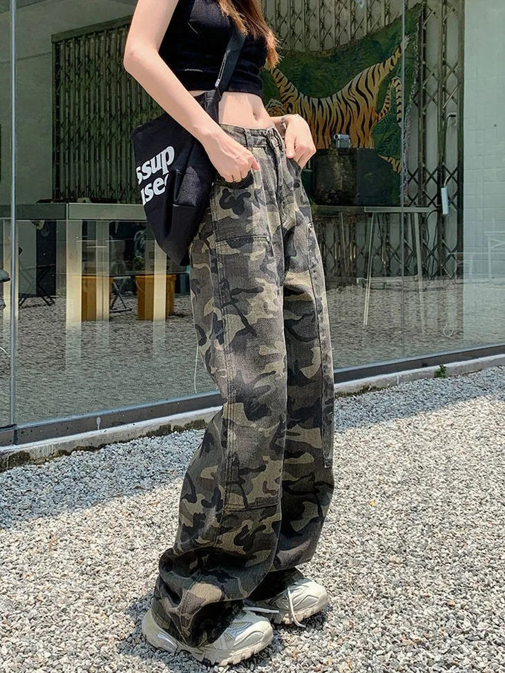 Camouflage Workwear Jeans Women's Straight Loose Retro Hip Hop Style High Waist Extra Long Wide Leg Pants