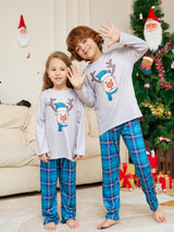 Christmas Cartoon Deer Head Blue Plaid Crew Neck Long Sleeve Pajamas Suit