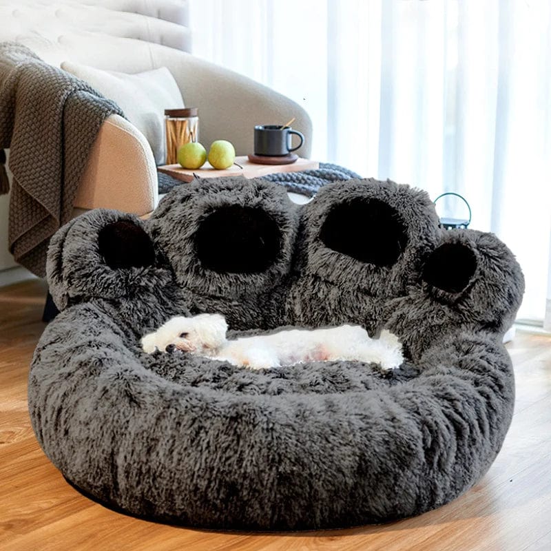 Cama para perros y gatos, estera redonda para mascotas grandes, casa larga de felpa para dormir profundo, cálida forma de pata de oso, cojín súper suave, camas tranquilas