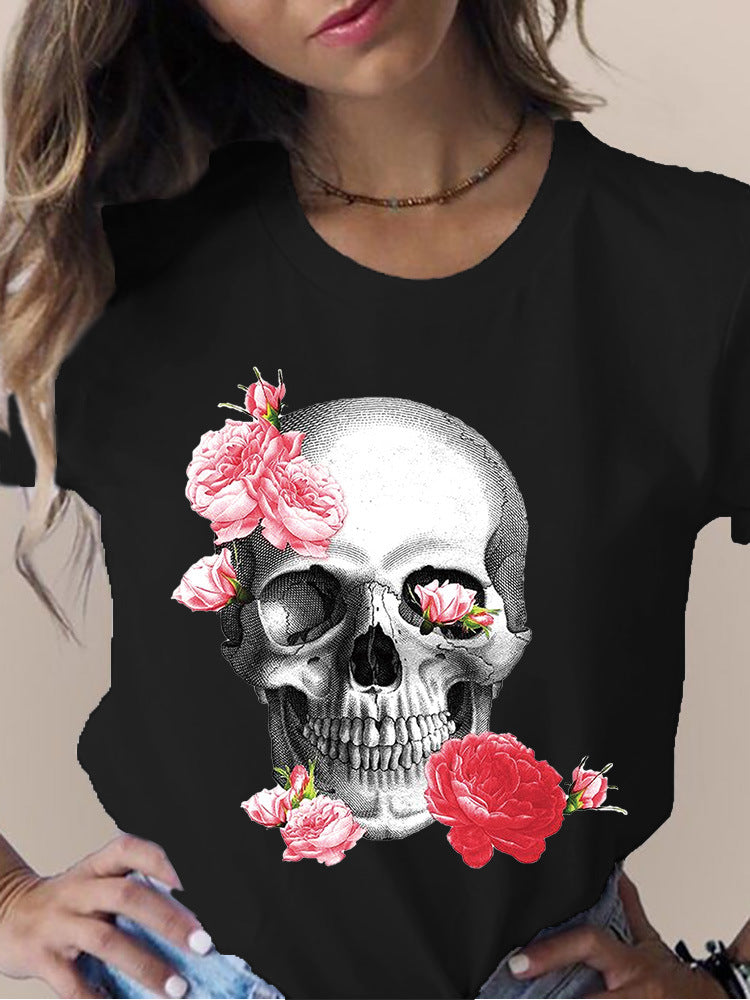 Women's Skull Flower Printed Round Neck Short Sleeve T-shirt