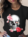 Camiseta de manga corta con cuello redondo y estampado de flores y calaveras para mujer