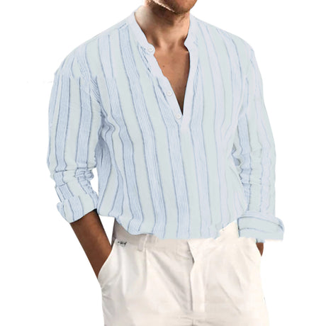 Men's Striped Long Sleeve Stand Collar Loose Shirt