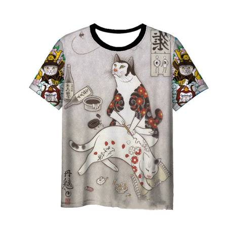 Japanese Samurai Cat 3D Digital Printing Men's Round Neck Short Sleeve