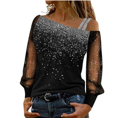 Women's Loose Off Shoulder Voile Long-sleeved Printed T-shirt