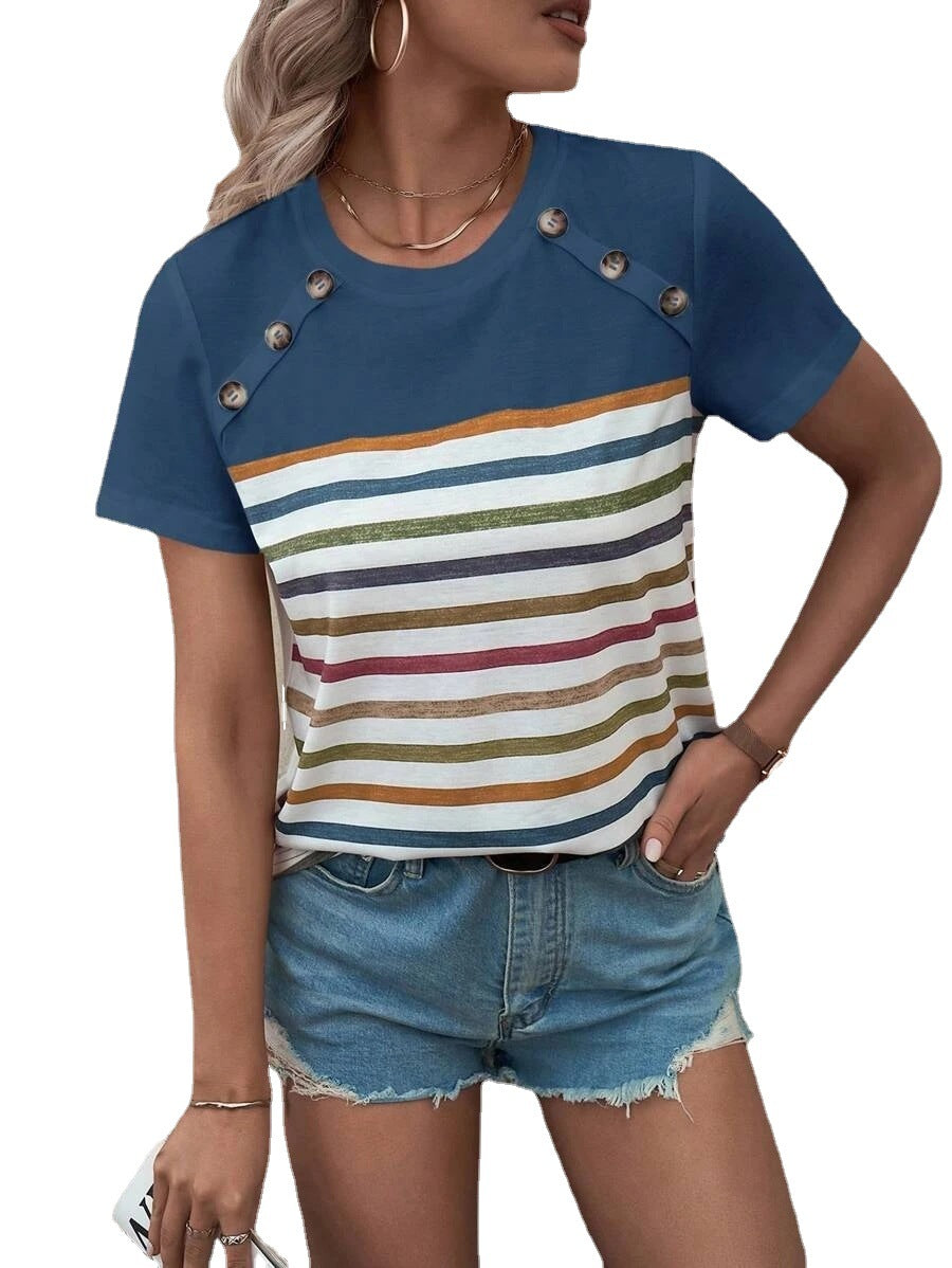 Women's Summer Stripes Printed Stitching Button Short-sleeved Casual Top