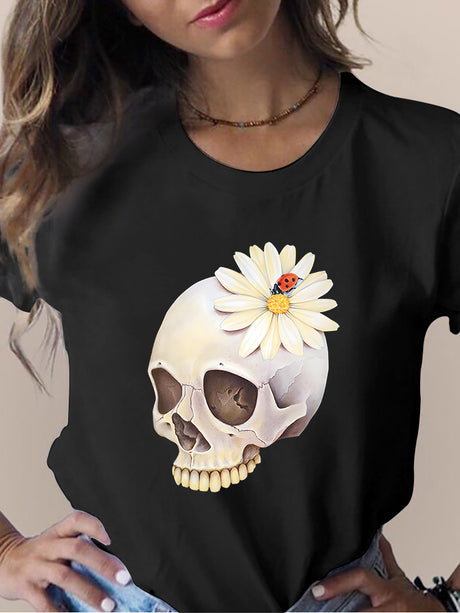 Camiseta de manga corta con cuello redondo y estampado de flores y calaveras para mujer