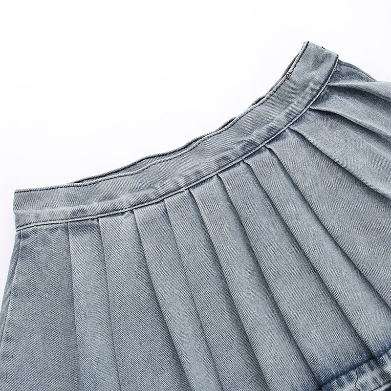 All-matching Casual High Waist Pleated Denim Skirt For Women