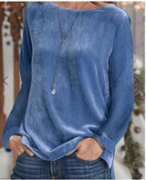 Solid Color Velvet Round Neck Pullover Long Sleeve Sweater