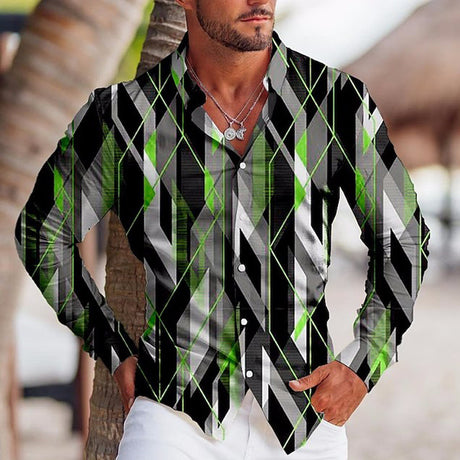 Camisa de solapa de manga larga con estampado colorido para hombre