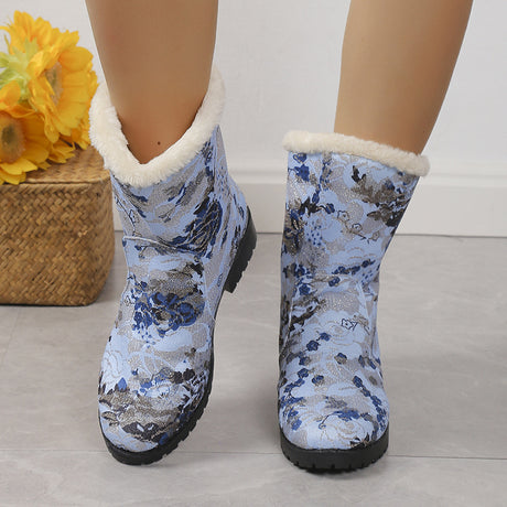 Fashion Flowers Print Ankle Boots With Plush Winter Warm Platform Shoes Women Lightweight Plus Velvet Ankle Boots