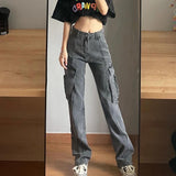 Retro Washed Gray Large Workwear With Pocket Jeans For Women