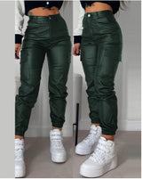 Zipper Pleated PU Casual Patch Pocket Skinny Pencil Trousers