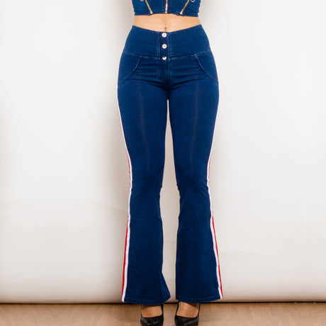 Shascullfites Melody Dark Blue Striped Flared Lift Jeggings Button Up Jeans Bum Lift Jeans High Waist Flare Jeans Women