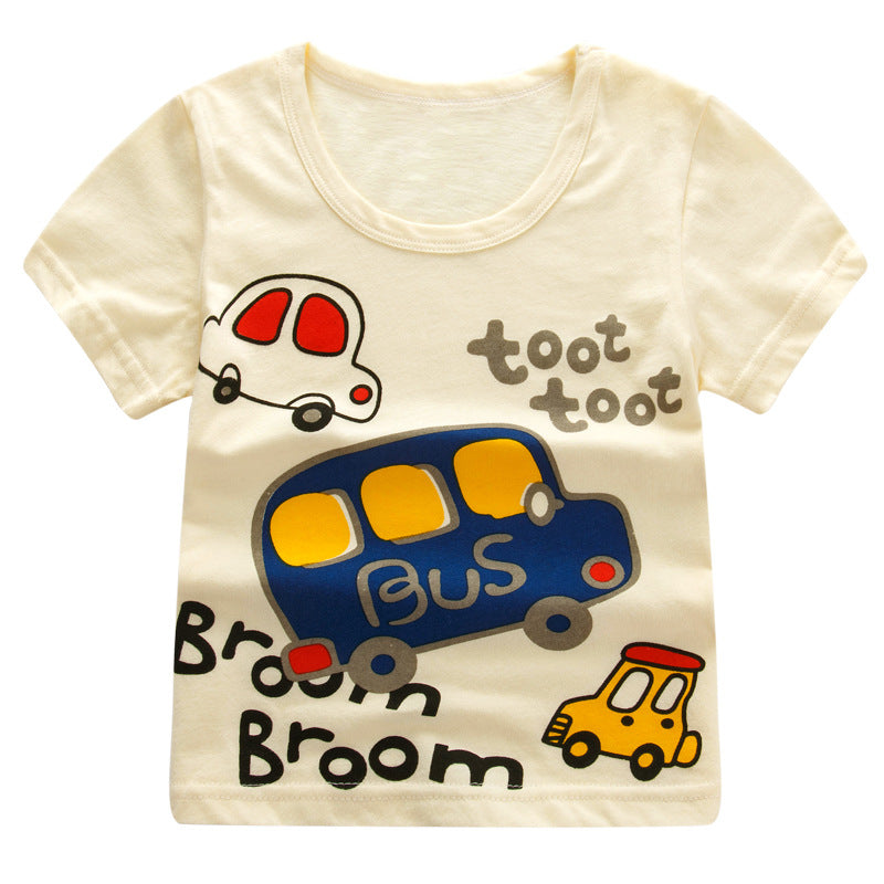 Camiseta de algodón con dibujos animados de autobús escolar, unisex, para niños