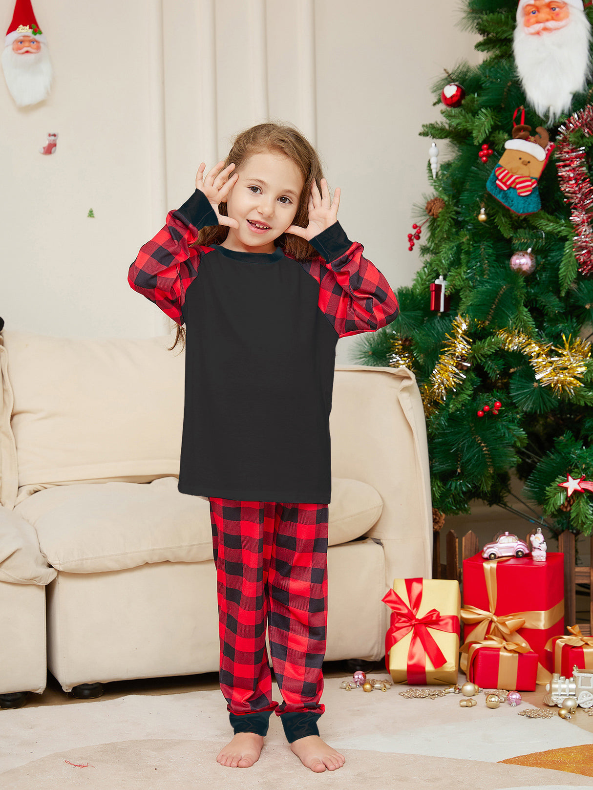 Conjunto de pijama estampado a cuadros de color sólido navideño a la moda para mujer