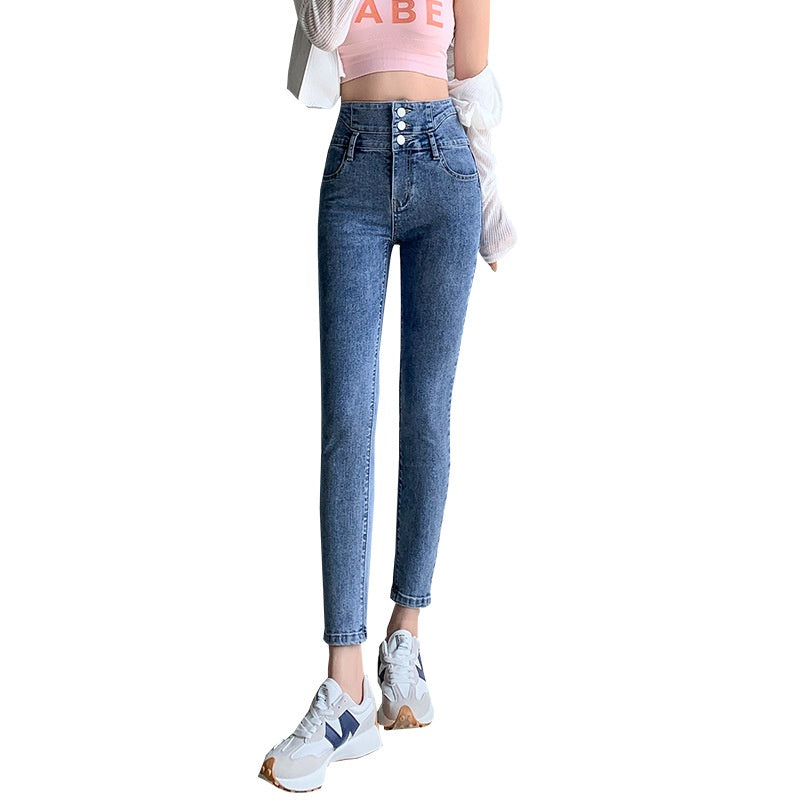 Women's Fashion Temperament High Waist Fleece Padded Jeans