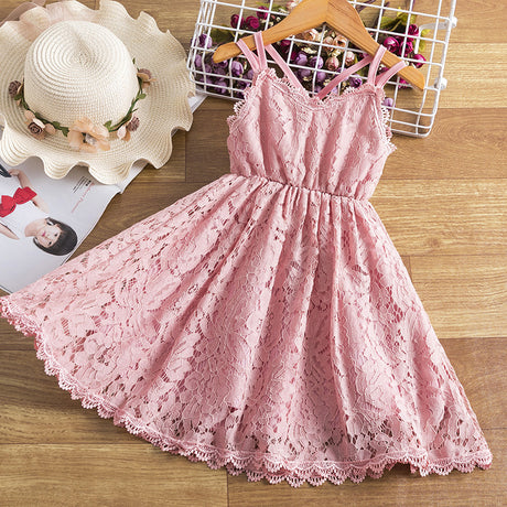 Vestido Infantil De Encaje Con Falda Bordada, Tirantes Y Espalda Bonita