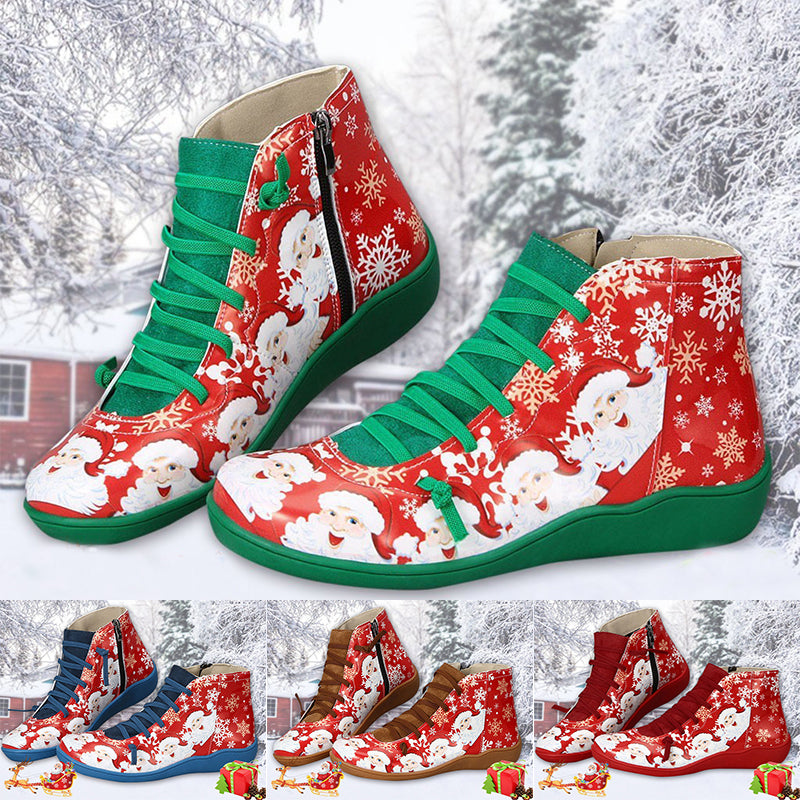 Christmas Ankle Boots Women Santa Claus Snowflake Print Flats Shoes Casual Slip-on Side Zipper Design Short Boot