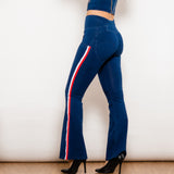 Shascullfites Melody-Jeggings acampanados a rayas de color azul oscuro, vaqueros con botones, vaqueros con realce de trasero, vaqueros acampanados de cintura alta para mujer