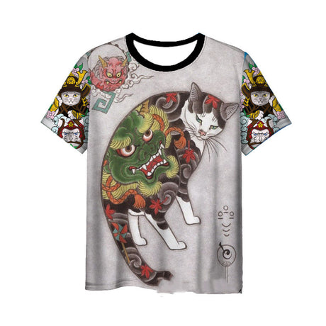 Japanese Samurai Cat 3D Digital Printing Men's Round Neck Short Sleeve