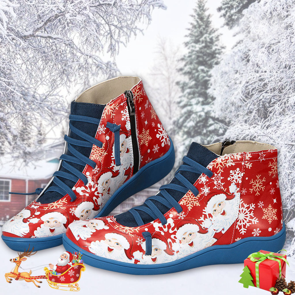 Christmas Ankle Boots Women Santa Claus Snowflake Print Flats Shoes Casual Slip-on Side Zipper Design Short Boot