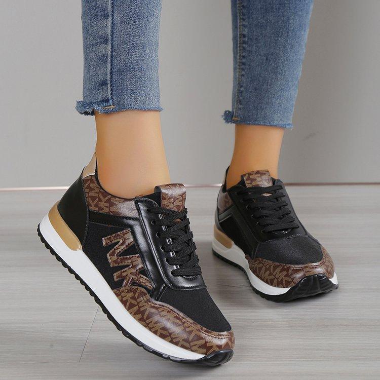 Women's Fashion Casual Printing Lace Up Round Toe Color Matching Running Shoes