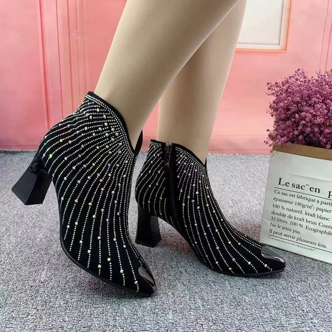 New Pointed Toe Anti-collision High Heel Starry Rhinestone Booties Women