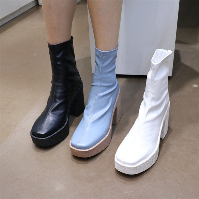 Korean Boots Square Toe Chunky Heel Waterproof